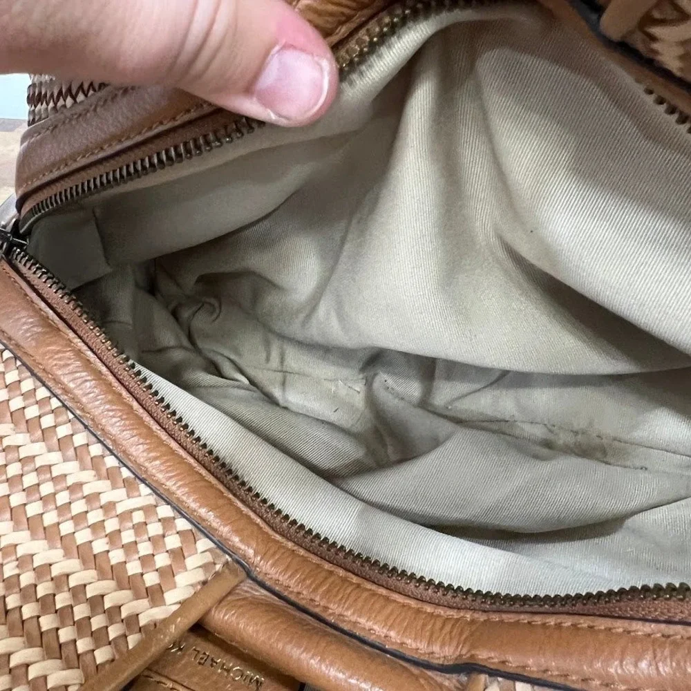 Michael Kors Brooklyn Woven Chevron Leather Shoulder Bag Tan Brown Tassel Hobo